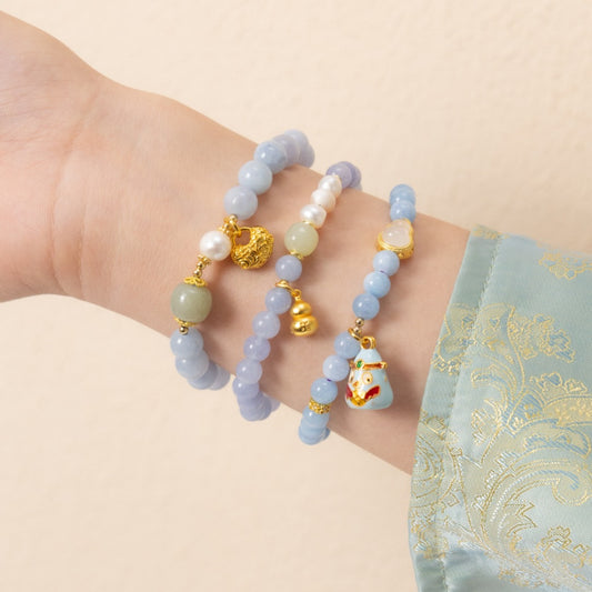 Gold & Blue Agate Beaded Bracele
